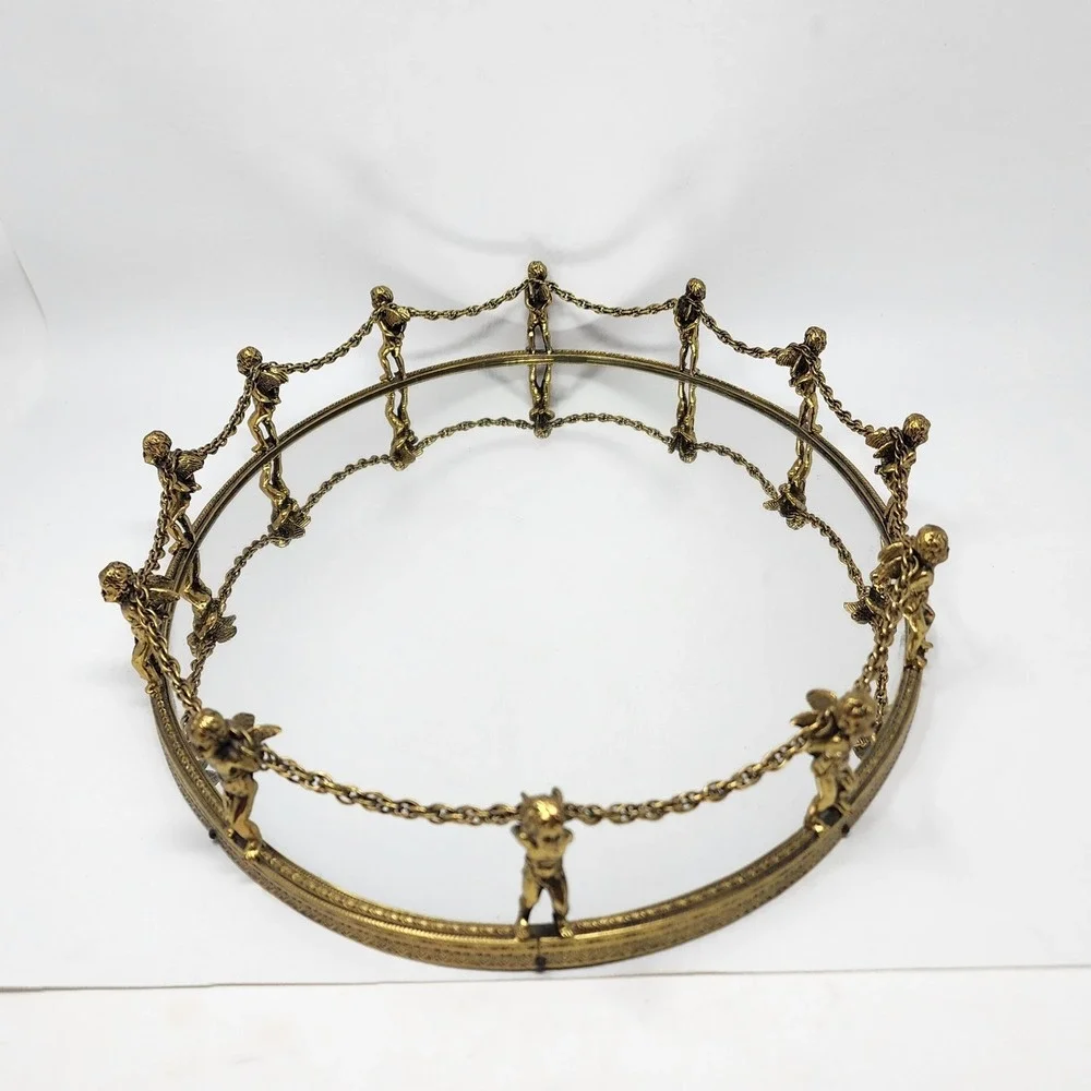 Vtg Globe 24K Gold Plated 12-Cherub Mirrored Vanity Tray Oval Ornate Putti Chain